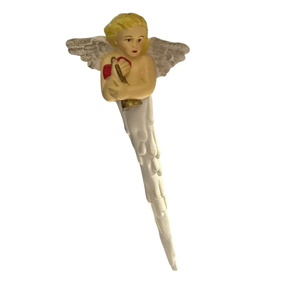 Vintage Angel Icicle Ornament Holding Bell Christmas Plastic‎ Cherub Religious